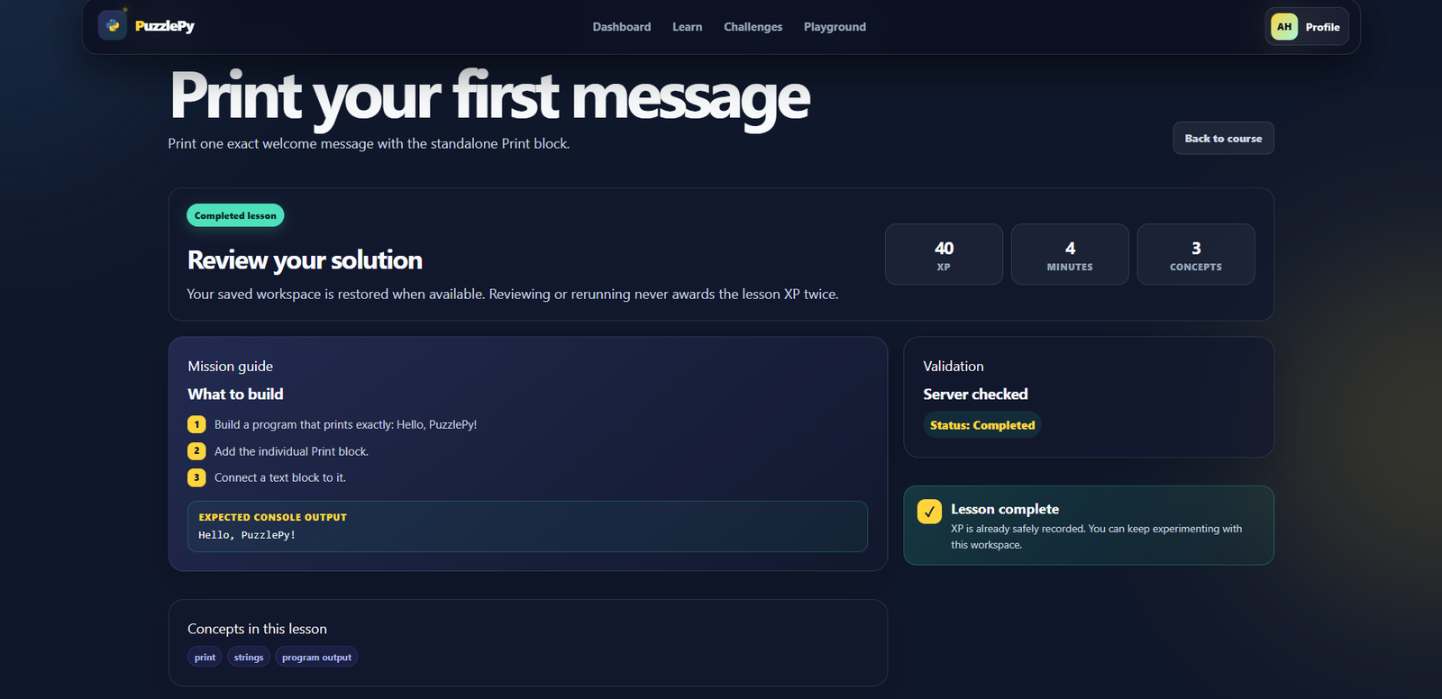 PuzzlePy lesson workspace with mission guide and completion validation